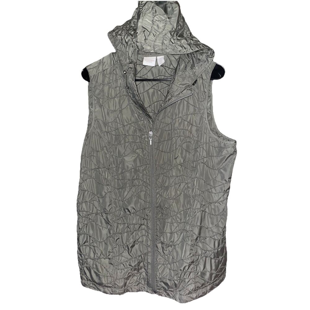 Weekends by Chico's Women's Vest Size 2 (L 12) Green Embroidered Hoodie Full Zip